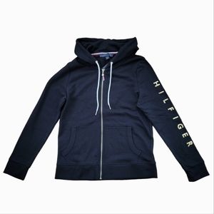 Tommy Hilfiger Women's Full Zip Hoodie Gold Logo Sleeve Zip Up with Pockets S/P